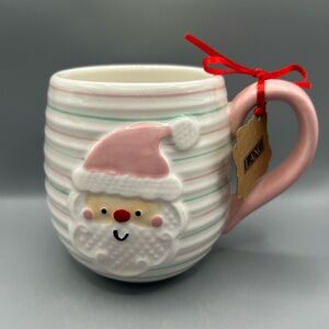 LANG Hand Painted Pastel SANTA Mug With Pink and Green Stripes Holiday NEW